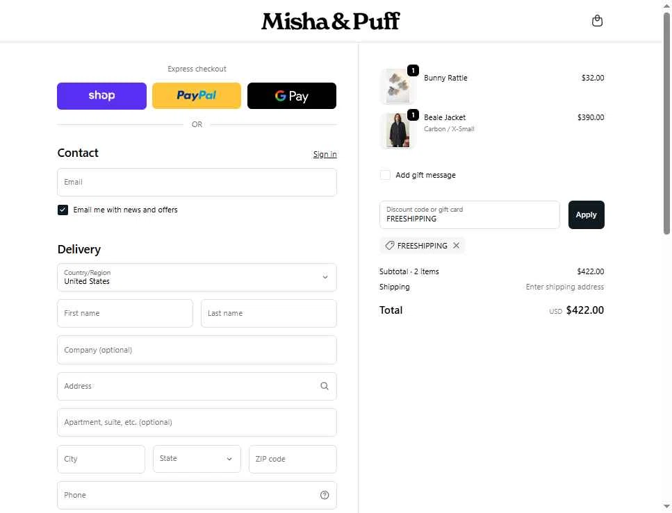 Misha & Puff checkout page showing Misha & Puff promo code box | Screenshot taken by SimplyCodes community member on Nov 18, 2025