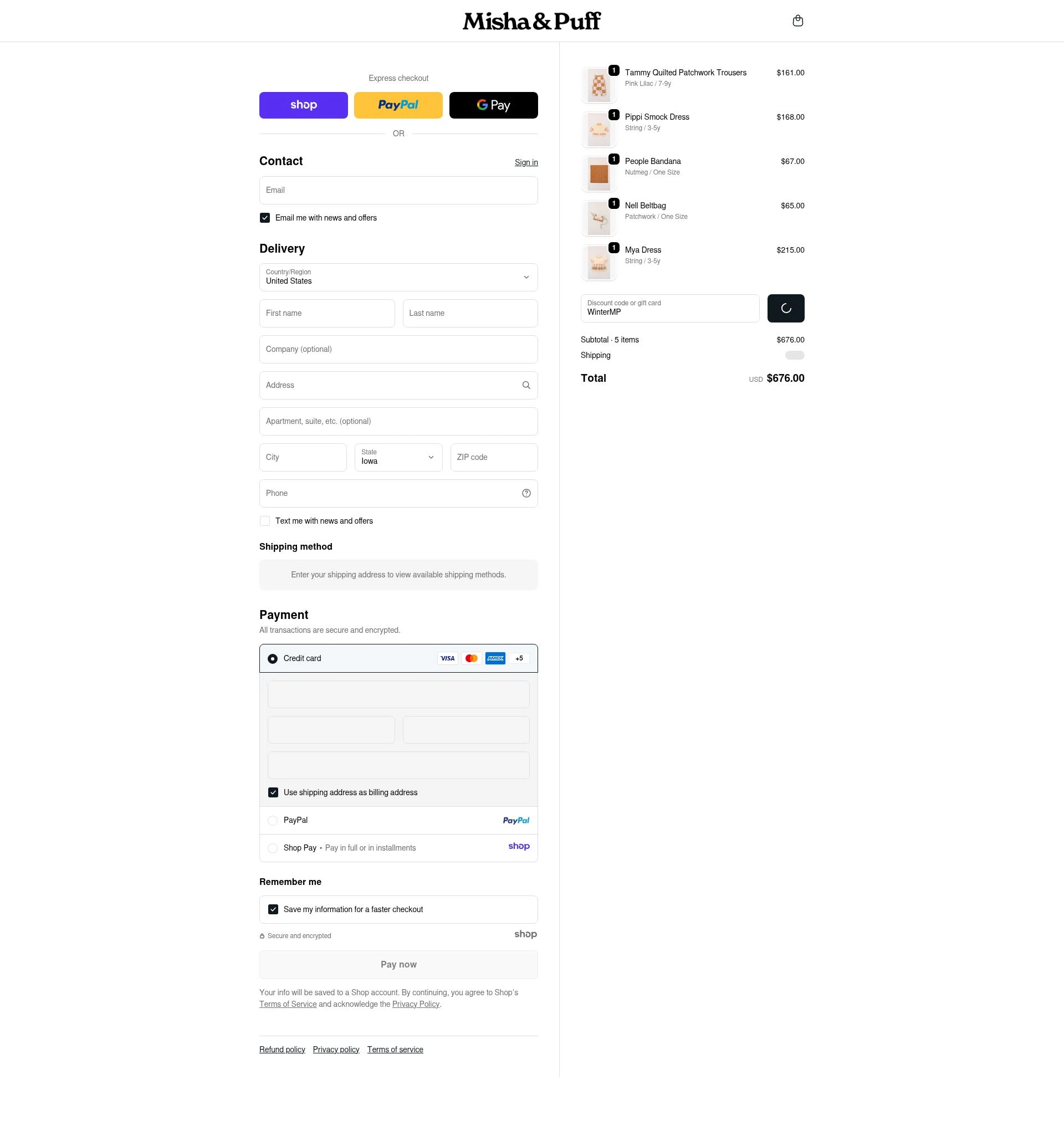 Misha & Puff checkout page showing Misha & Puff promo code box | Screenshot taken by SimplyCodes community member on Dec 23, 2025