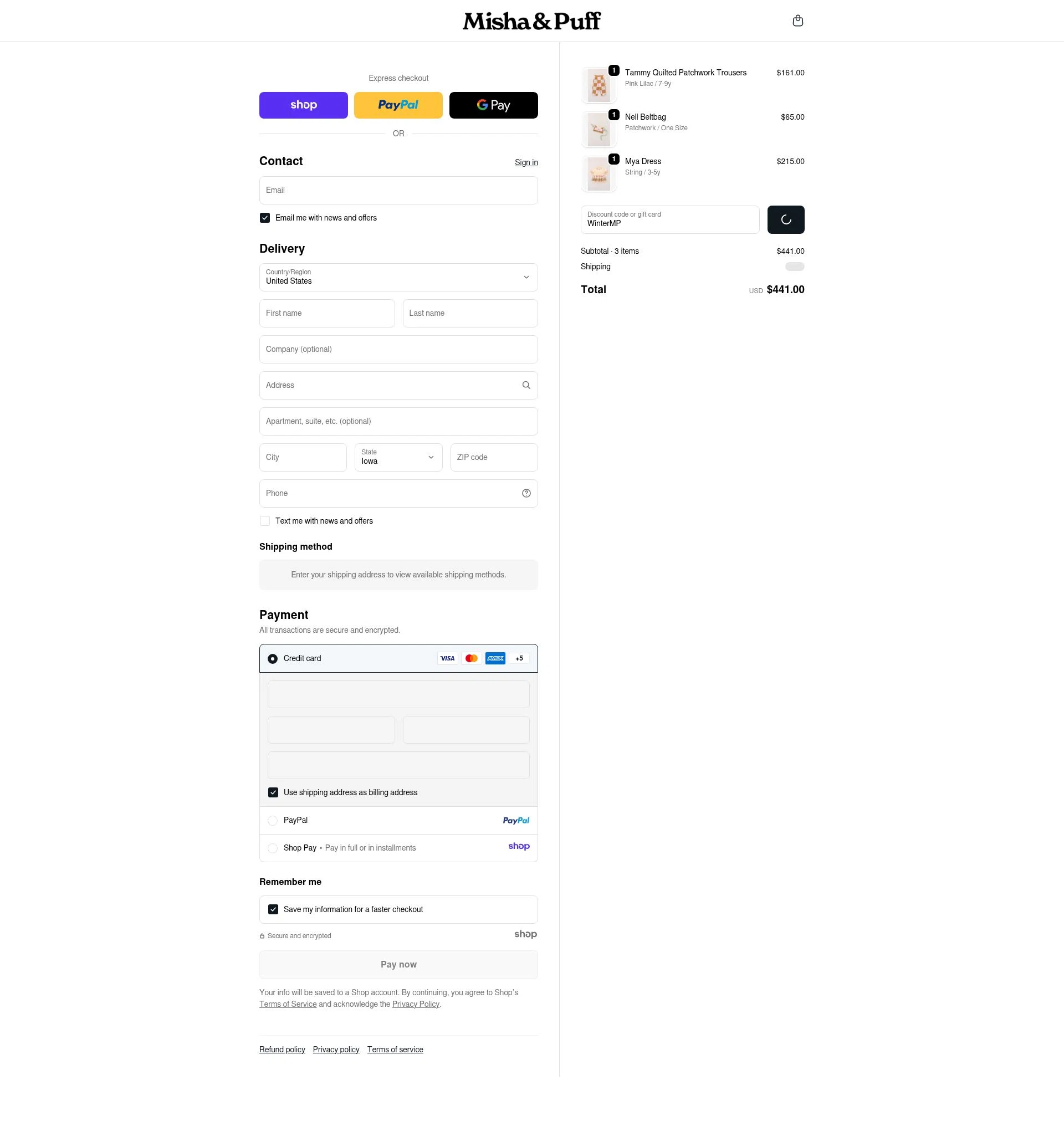 Misha & Puff checkout page showing Misha & Puff promo code box | Screenshot taken by SimplyCodes community member on Dec 28, 2025