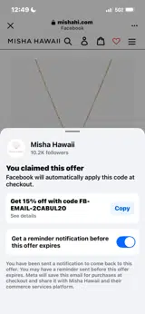 MishaHawaii coupon verification screenshot