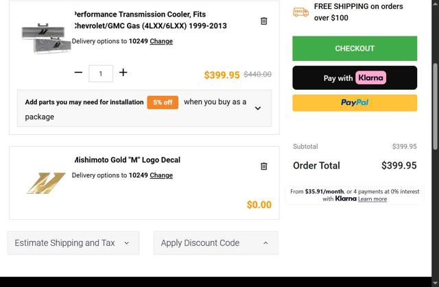 Mishimoto checkout page showing Mishimoto discount code box | Screenshot taken by SimplyCodes community member on Jul 30, 2025