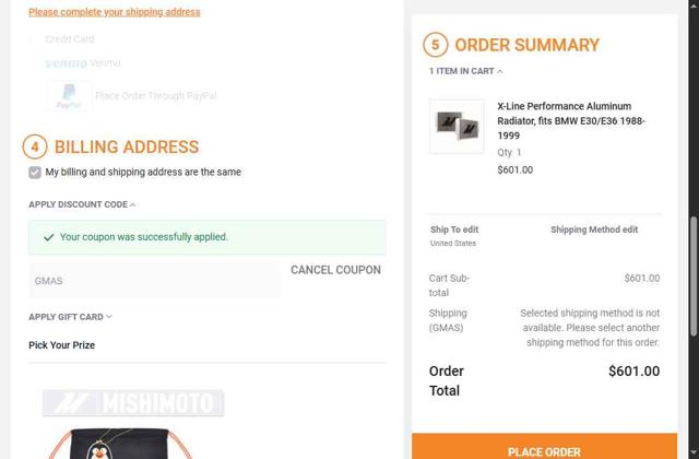 Mishimoto checkout page showing Mishimoto discount code box | Screenshot taken by SimplyCodes community member on Aug 30, 2025