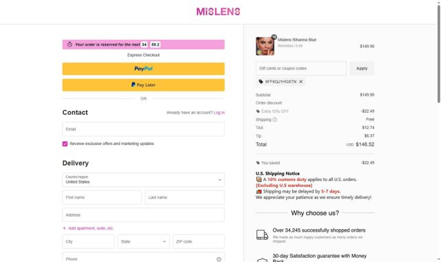 Mislens checkout page showing Mislens coupon code box | Screenshot taken by SimplyCodes community member on Sep 8, 2025