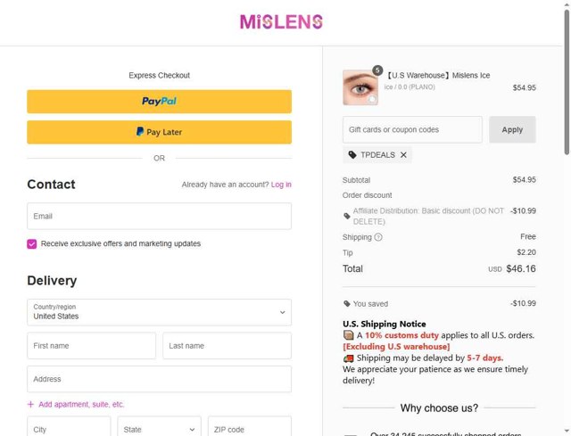 Mislens checkout page showing Mislens coupon code box | Screenshot taken by SimplyCodes community member on Sep 3, 2025