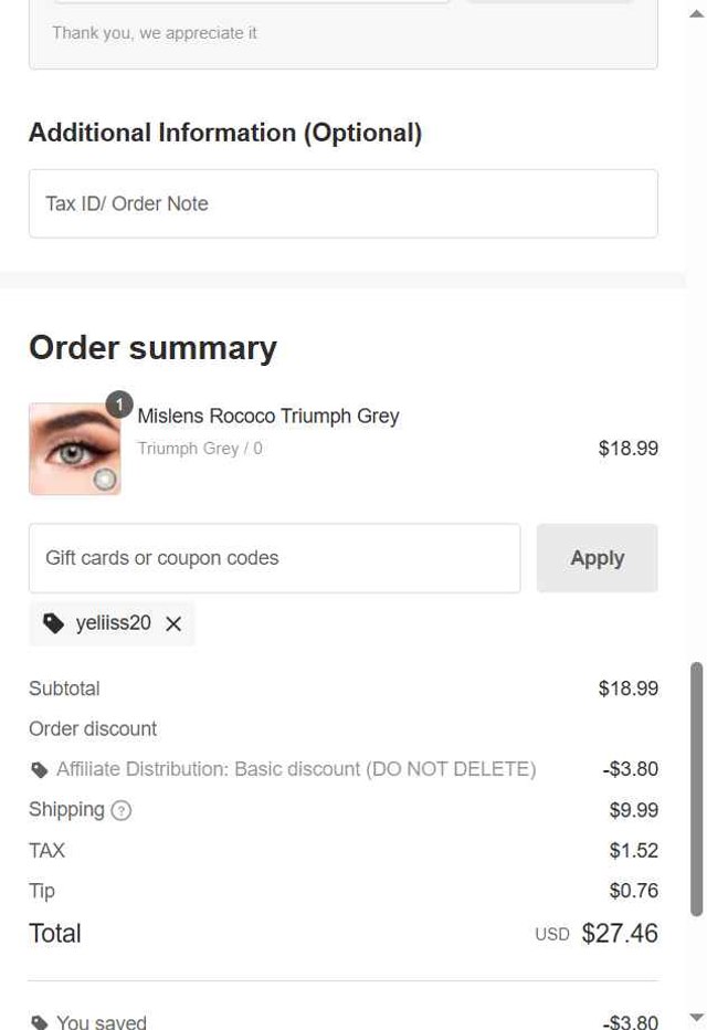 Mislens checkout page showing Mislens coupon code box | Screenshot taken by SimplyCodes community member on Aug 10, 2025