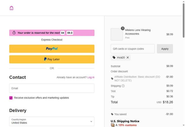 Mislens checkout page showing Mislens coupon code box | Screenshot taken by SimplyCodes community member on Jul 29, 2025