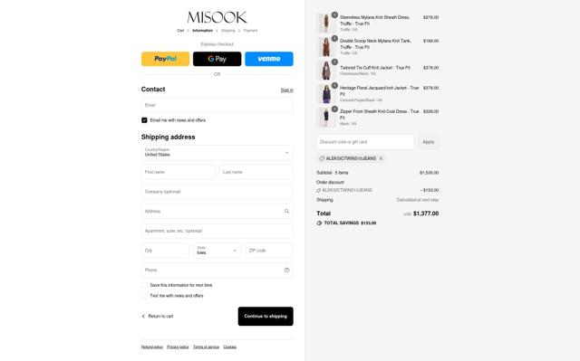 Misook checkout page showing Misook coupon code box | Screenshot taken by SimplyCodes community member on Sep 12, 2025