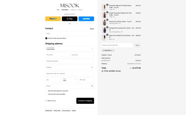 Misook checkout page showing Misook coupon code box | Screenshot taken by SimplyCodes community member on Sep 12, 2025