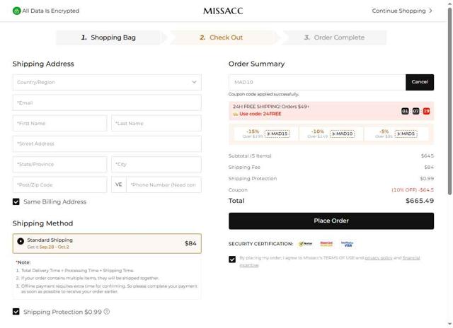 Missacc checkout page showing Missacc coupon code box | Screenshot taken by SimplyCodes community member on Sep 21, 2025