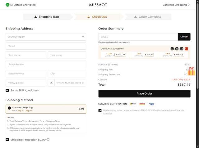Missacc checkout page showing Missacc coupon code box | Screenshot taken by SimplyCodes community member on Aug 26, 2025