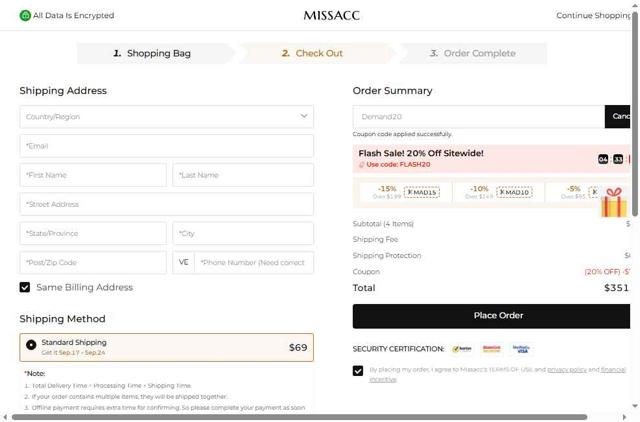 Missacc checkout page showing Missacc coupon code box | Screenshot taken by SimplyCodes community member on Aug 31, 2025