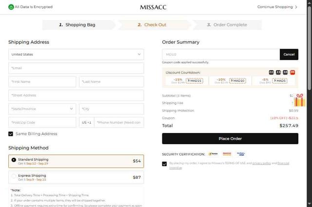Missacc checkout page showing Missacc coupon code box | Screenshot taken by SimplyCodes community member on Aug 26, 2025