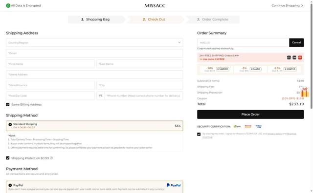 Missacc checkout page showing Missacc coupon code box | Screenshot taken by SimplyCodes community member on Sep 21, 2025