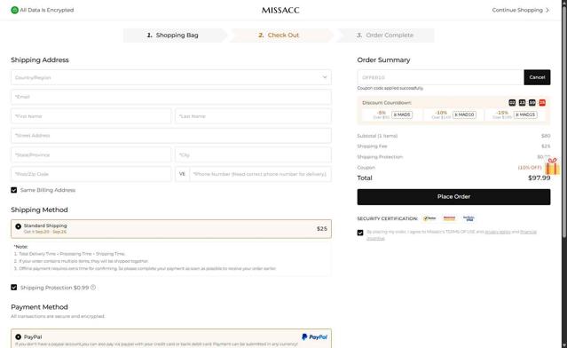 Missacc checkout page showing Missacc coupon code box | Screenshot taken by SimplyCodes community member on Sep 6, 2025