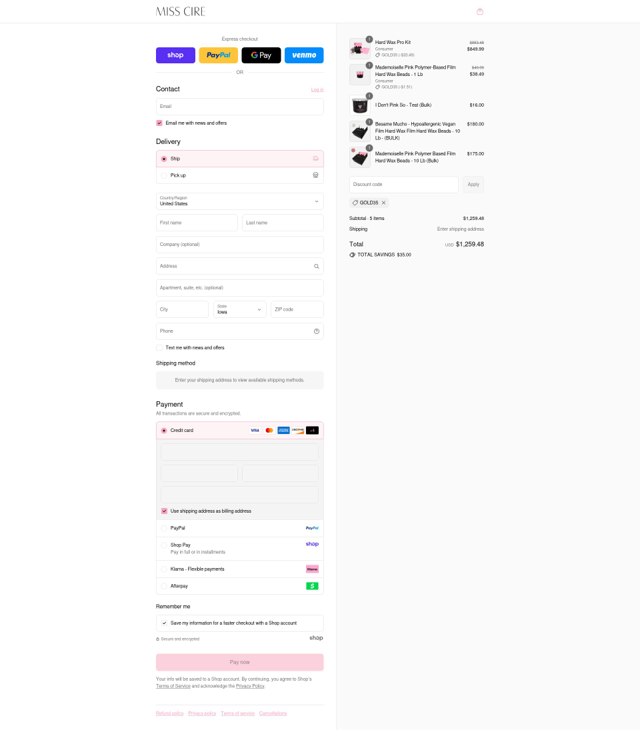 Miss Cire checkout page showing Miss Cire discount code box | Screenshot taken by SimplyCodes community member on Sep 4, 2025