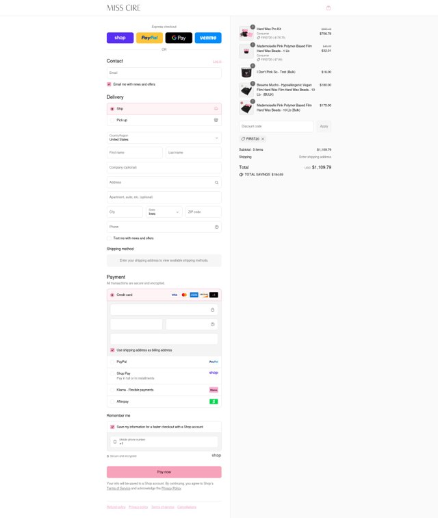 Miss Cire checkout page showing Miss Cire discount code box | Screenshot taken by SimplyCodes community member on Sep 4, 2025
