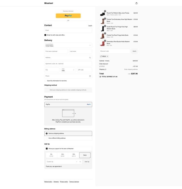 Missheel checkout page showing Missheel discount code box | Screenshot taken by SimplyCodes community member on Sep 6, 2025