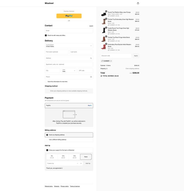 Missheel checkout page showing Missheel discount code box | Screenshot taken by SimplyCodes community member on Sep 6, 2025