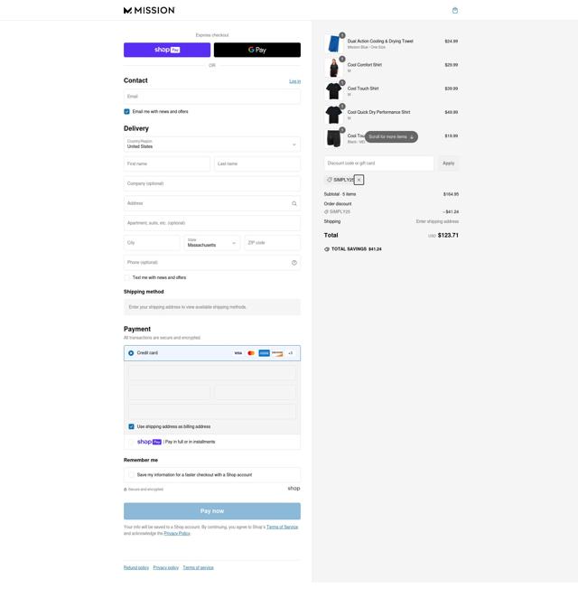 Mission checkout page showing Mission discount code box | Screenshot taken by SimplyCodes community member on Feb 7, 2025