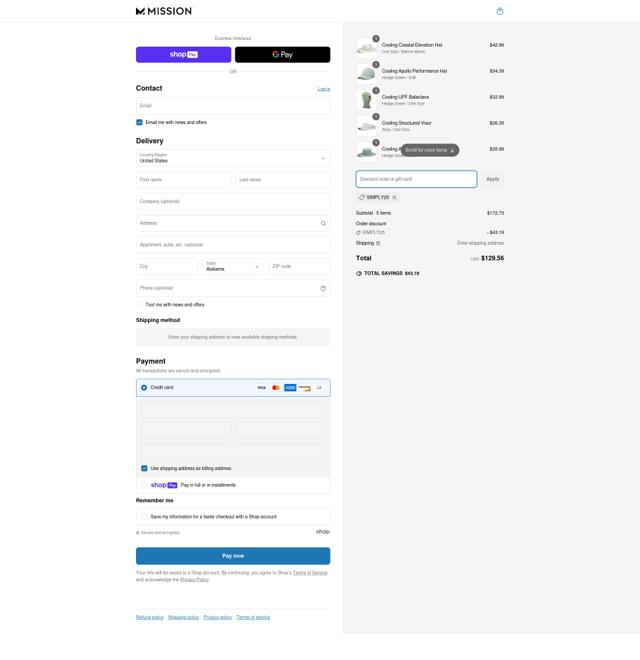 Mission checkout page showing Mission discount code box | Screenshot taken by SimplyCodes community member on May 3, 2025