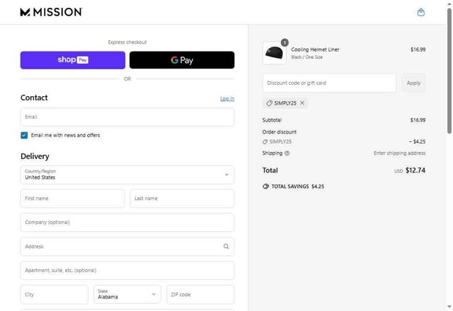 Mission checkout page showing Mission discount code box | Screenshot taken by SimplyCodes community member on May 2, 2025