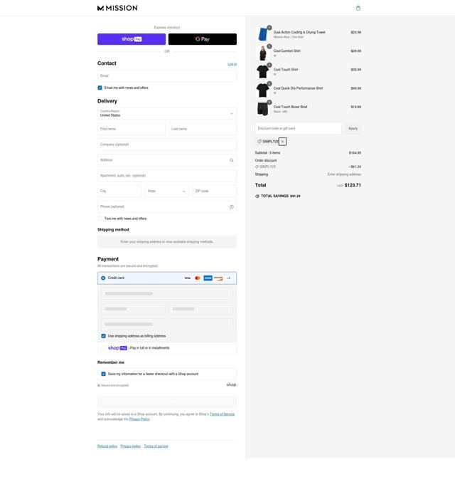 Mission checkout page showing Mission discount code box | Screenshot taken by SimplyCodes community member on Feb 22, 2025