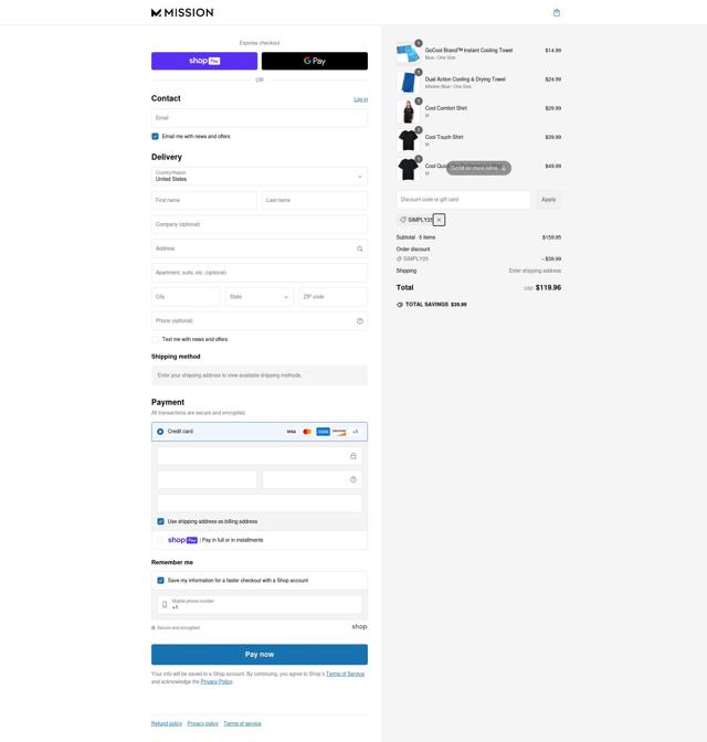 Mission checkout page showing Mission discount code box | Screenshot taken by SimplyCodes community member on Feb 11, 2025