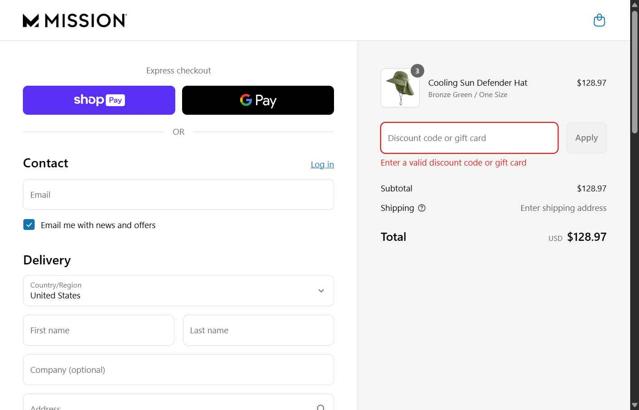 Mission checkout page showing Mission discount code box | Screenshot taken by SimplyCodes community member on May 13, 2025