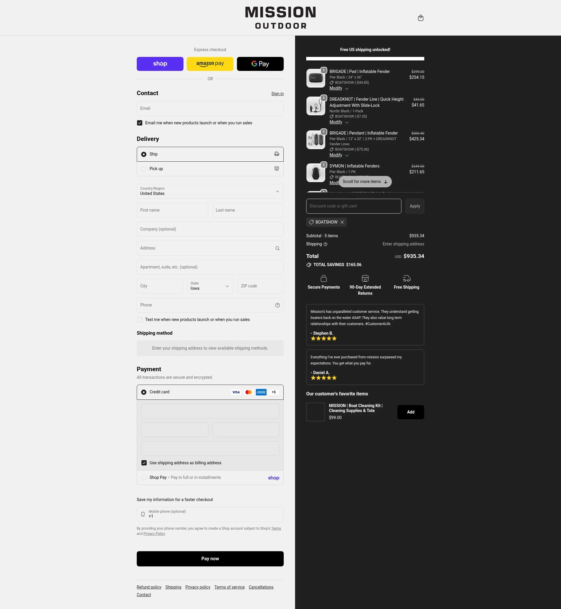 MISSION Boat Gear checkout page showing MISSION Boat Gear discount code box | Screenshot taken by SimplyCodes community member on Feb 16, 2026
