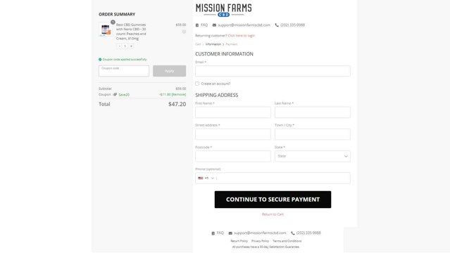 Mission Farms CBD checkout page showing Mission Farms CBD coupon code box | Screenshot taken by SimplyCodes community member on Aug 22, 2025