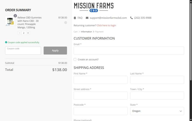 Mission Farms CBD checkout page showing Mission Farms CBD coupon code box | Screenshot taken by SimplyCodes community member on Aug 22, 2025