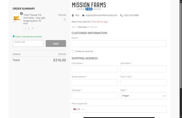 Mission Farms CBD checkout page showing Mission Farms CBD coupon code box | Screenshot taken by SimplyCodes community member on Aug 25, 2025