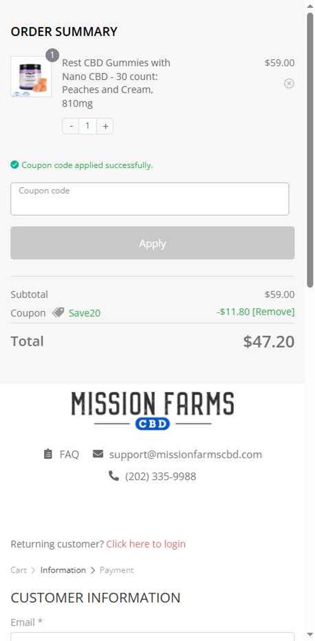 Mission Farms CBD checkout page showing Mission Farms CBD coupon code box | Screenshot taken by SimplyCodes community member on Aug 22, 2025