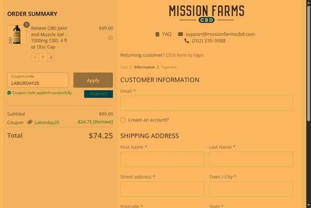 Mission Farms CBD checkout page showing Mission Farms CBD coupon code box | Screenshot taken by SimplyCodes community member on Aug 25, 2025