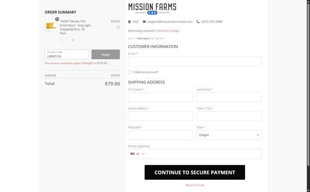Mission Farms CBD checkout page showing Mission Farms CBD coupon code box | Screenshot taken by SimplyCodes community member on Aug 28, 2025