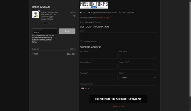 Mission Farms CBD checkout page showing Mission Farms CBD coupon code box | Screenshot taken by SimplyCodes community member on Aug 19, 2025
