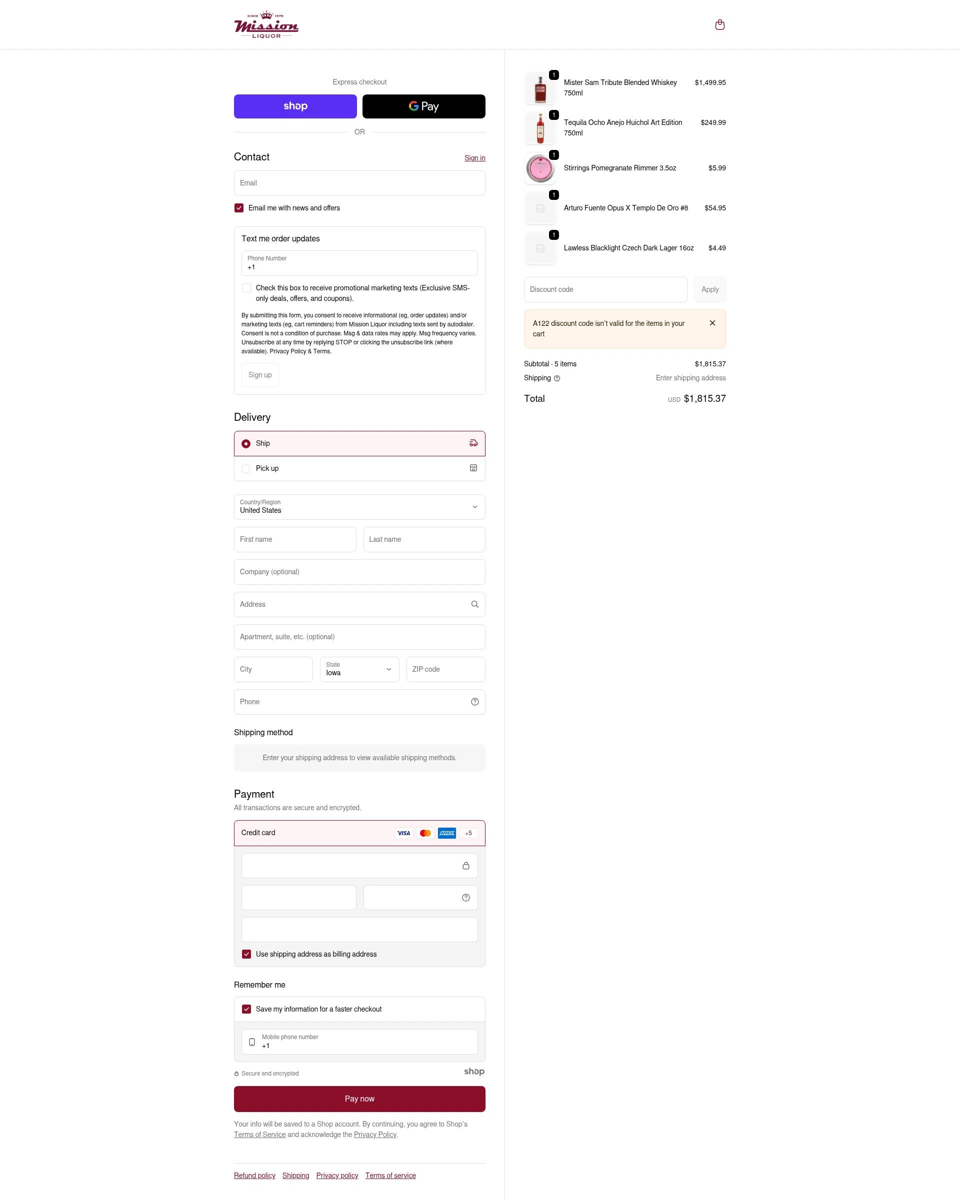 Mission Liquor checkout page showing Mission Liquor discount code box | Screenshot taken by SimplyCodes community member on Jan 12, 2026