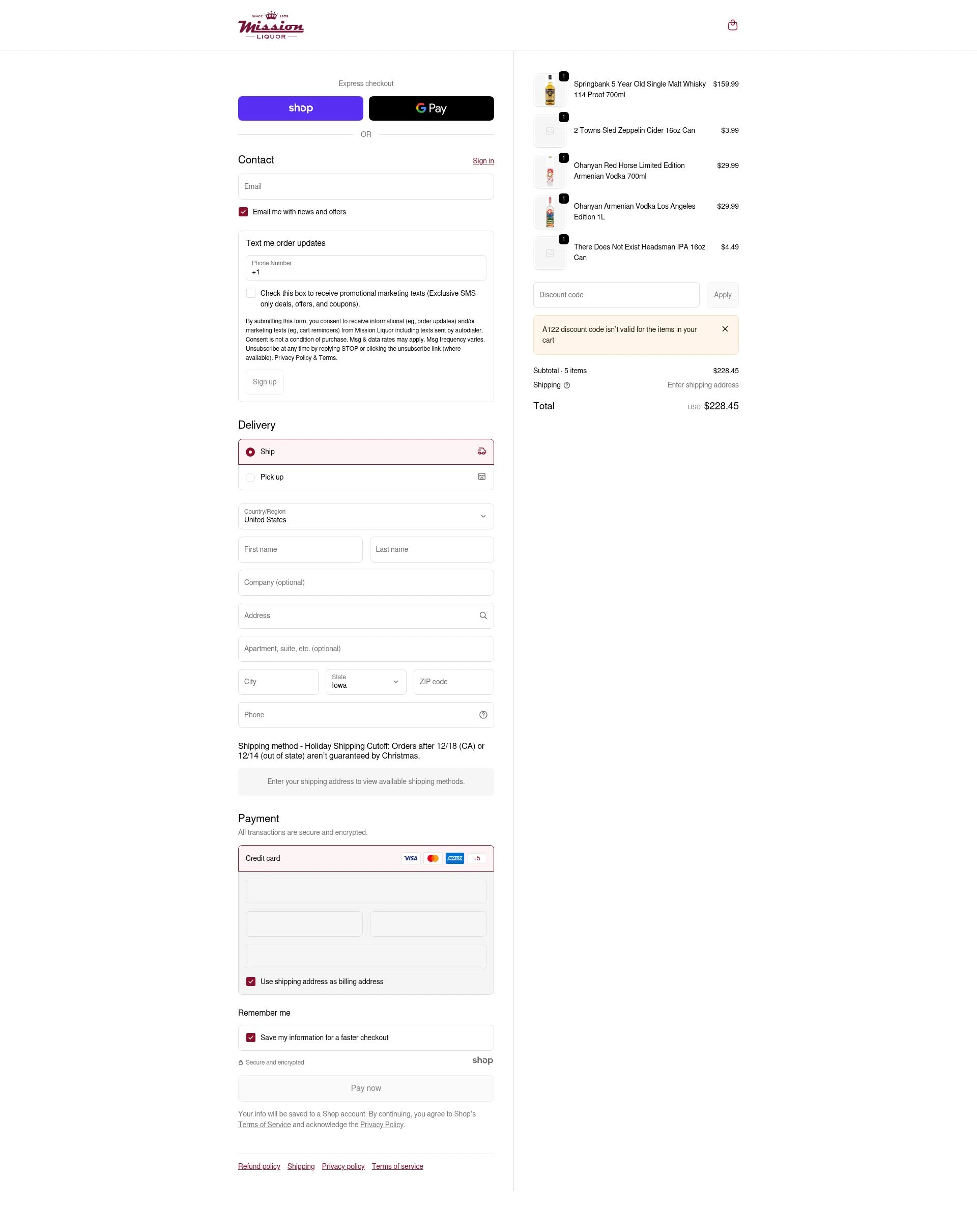 Mission Liquor checkout page showing Mission Liquor discount code box | Screenshot taken by SimplyCodes community member on Dec 28, 2025