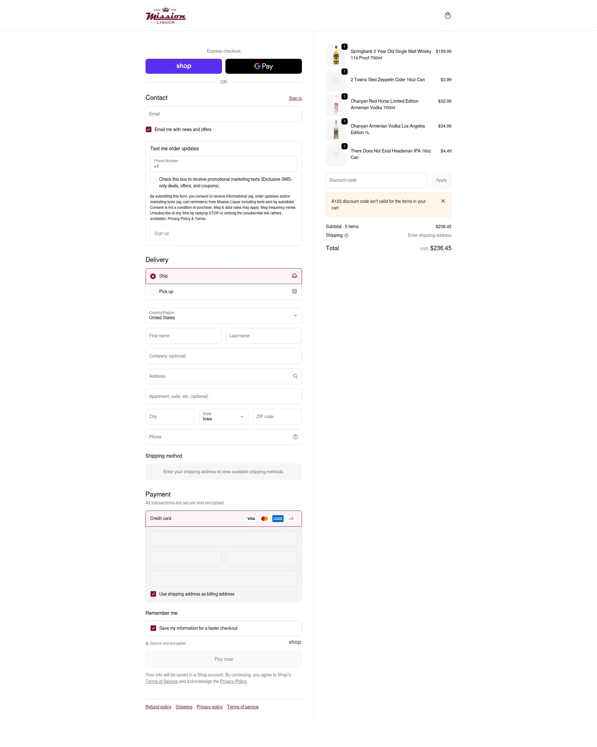 Mission Liquor checkout page showing Mission Liquor discount code box | Screenshot taken by SimplyCodes community member on Jan 2, 2026