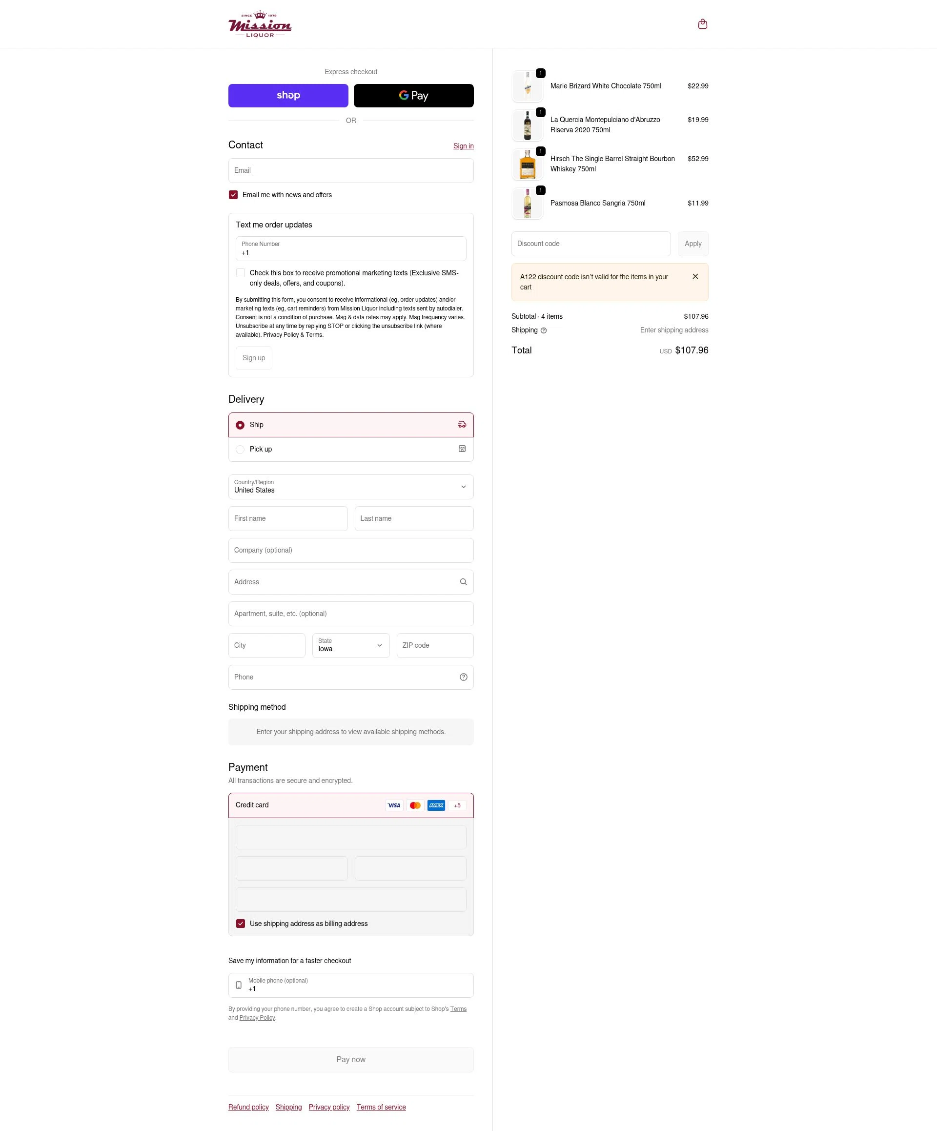 Mission Liquor checkout page showing Mission Liquor discount code box | Screenshot taken by SimplyCodes community member on Jan 31, 2026