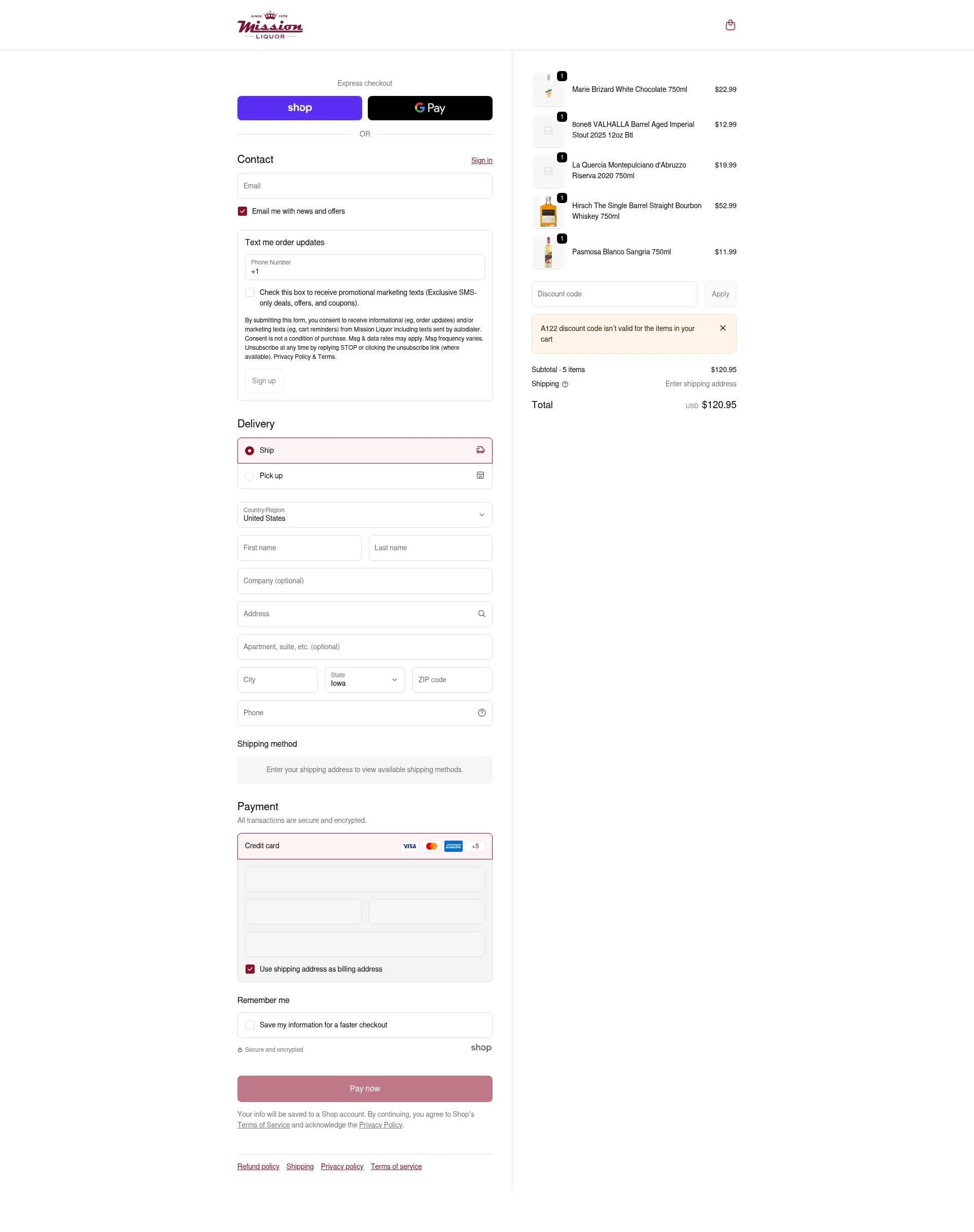 Mission Liquor checkout page showing Mission Liquor discount code box | Screenshot taken by SimplyCodes community member on Jan 22, 2026