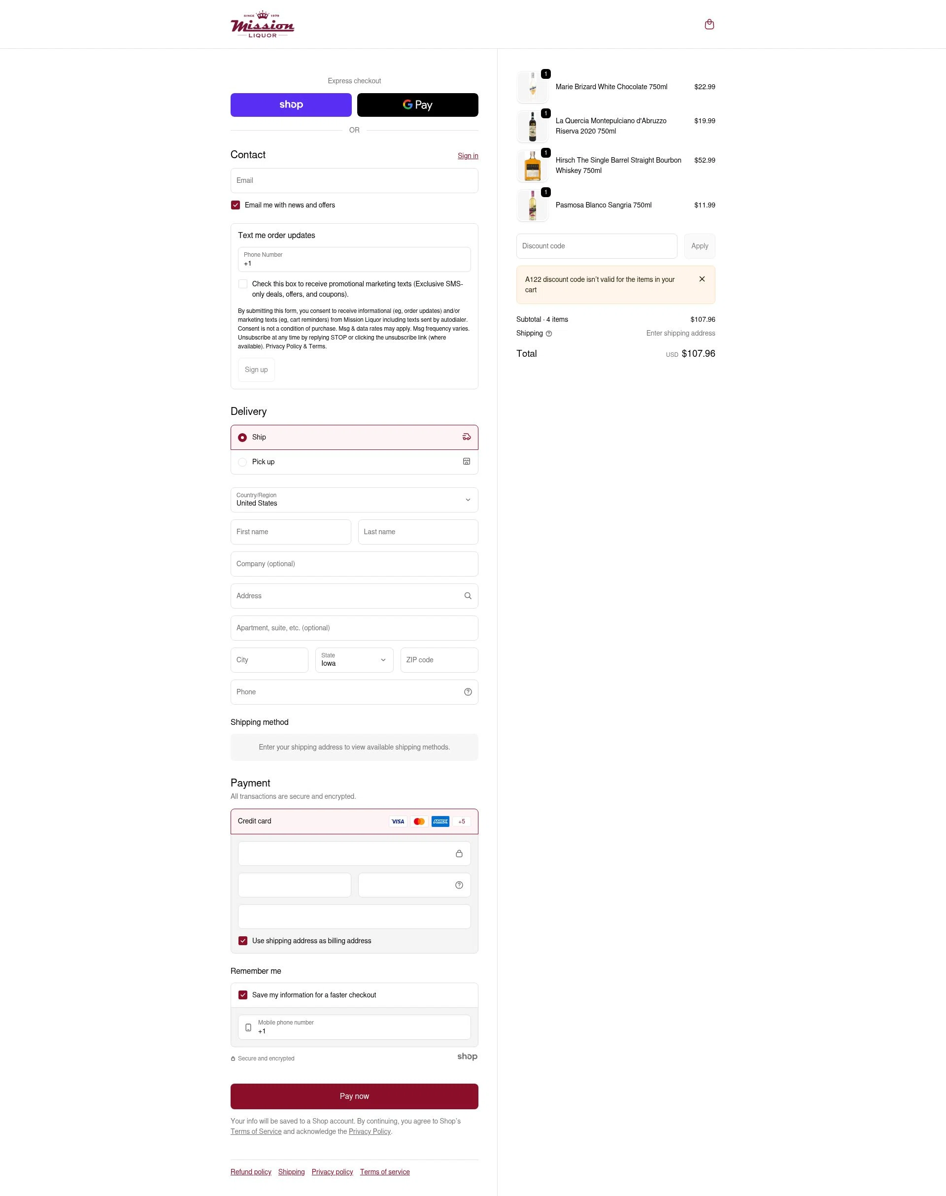 Mission Liquor checkout page showing Mission Liquor discount code box | Screenshot taken by SimplyCodes community member on Jan 27, 2026