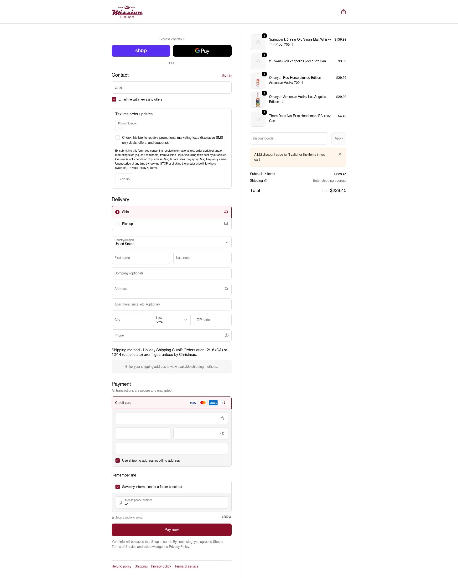 Mission Liquor checkout page showing Mission Liquor discount code box | Screenshot taken by SimplyCodes community member on Dec 23, 2025