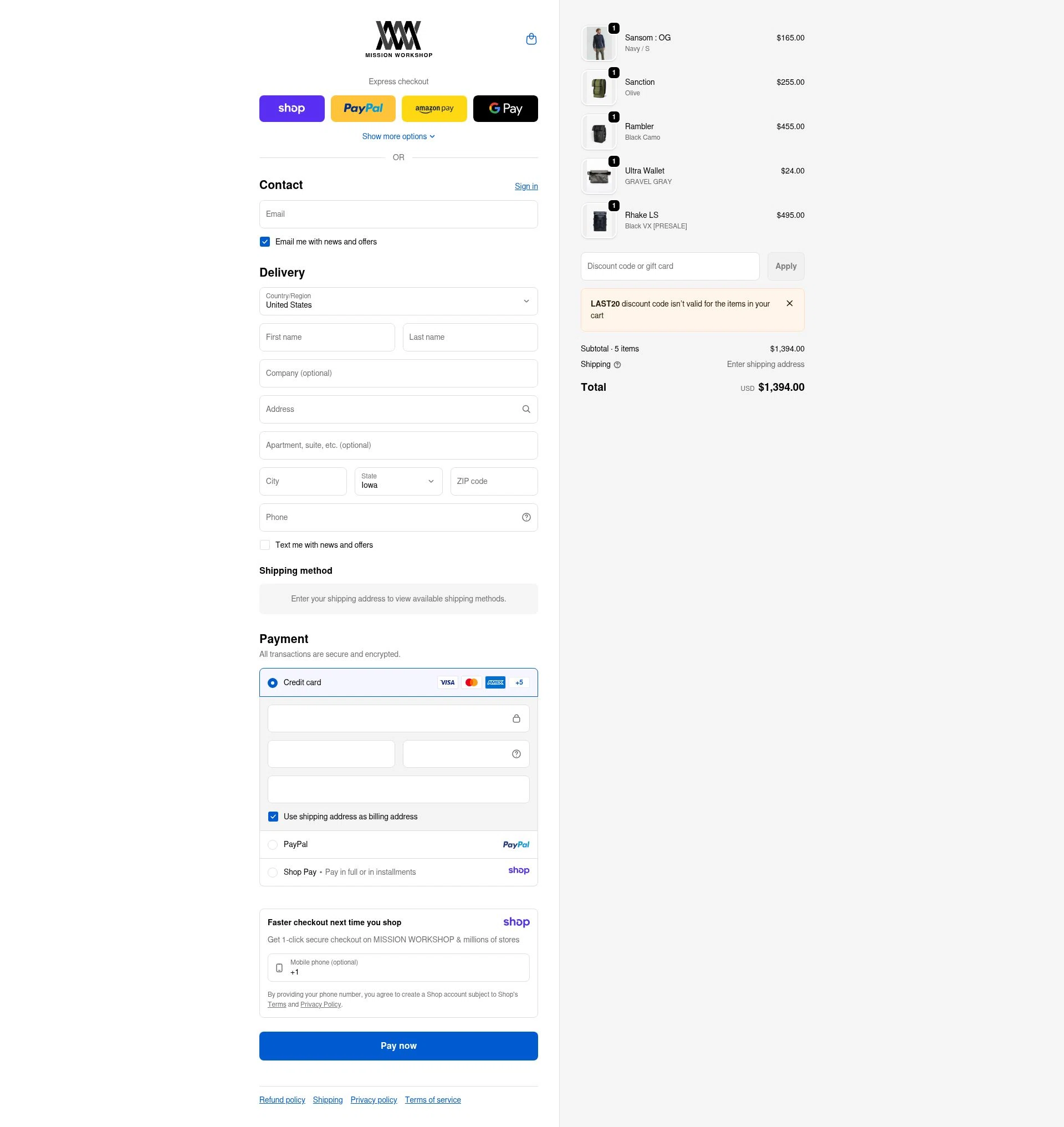 Mission Workshop checkout page showing Mission Workshop promo code box | Screenshot taken by SimplyCodes community member on Jan 15, 2026