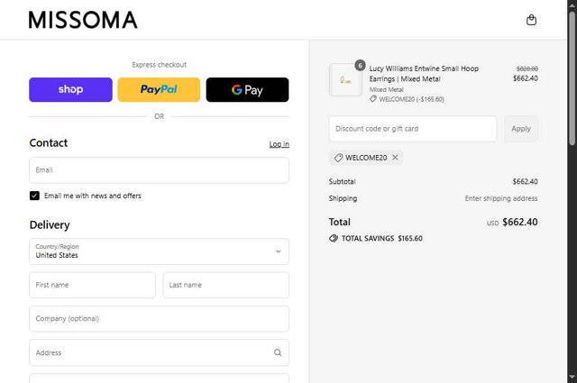 Missoma checkout page showing Missoma discount code box | Screenshot taken by SimplyCodes community member on Sep 2, 2025