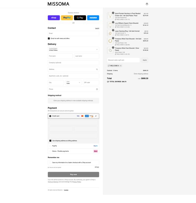 Missoma checkout page showing Missoma discount code box | Screenshot taken by SimplyCodes community member on Sep 4, 2025