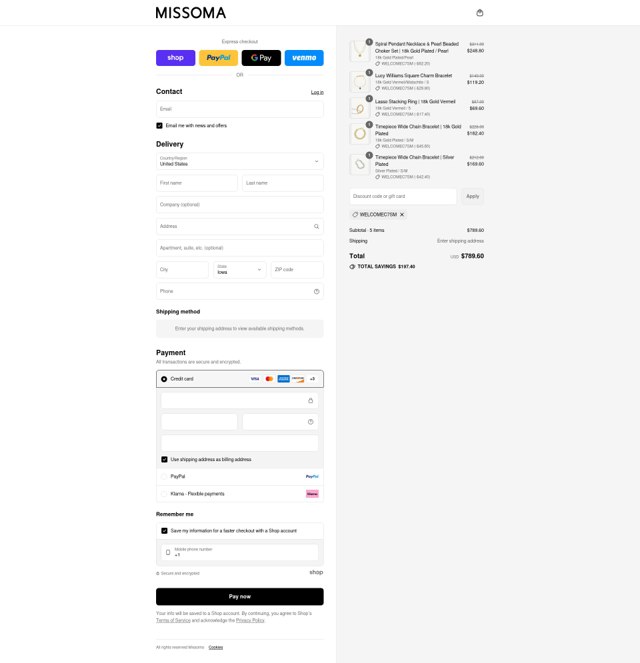 Missoma checkout page showing Missoma discount code box | Screenshot taken by SimplyCodes community member on Sep 4, 2025