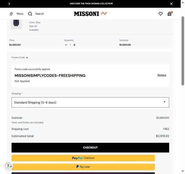 Missoni checkout page showing Missoni discount code box | Screenshot taken by SimplyCodes community member on Aug 5, 2025