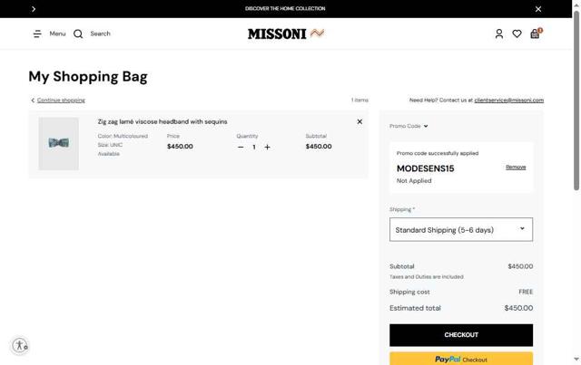 Missoni checkout page showing Missoni discount code box | Screenshot taken by SimplyCodes community member on Jun 1, 2025