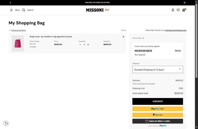 Missoni checkout page showing Missoni discount code box | Screenshot taken by SimplyCodes community member on May 5, 2025